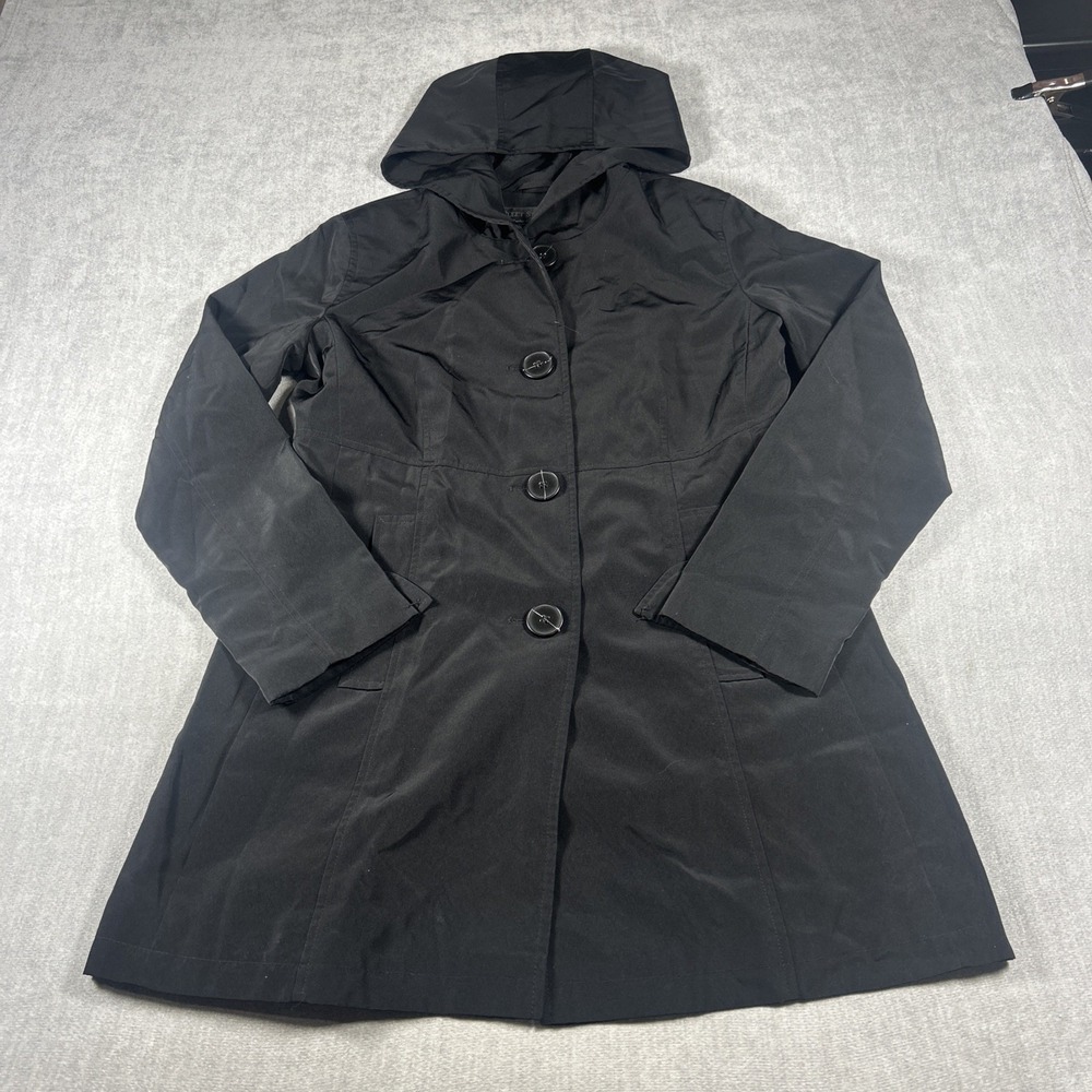 Womens Fleet Street Black Trench Coat Hooded Drawstring Size M Petite